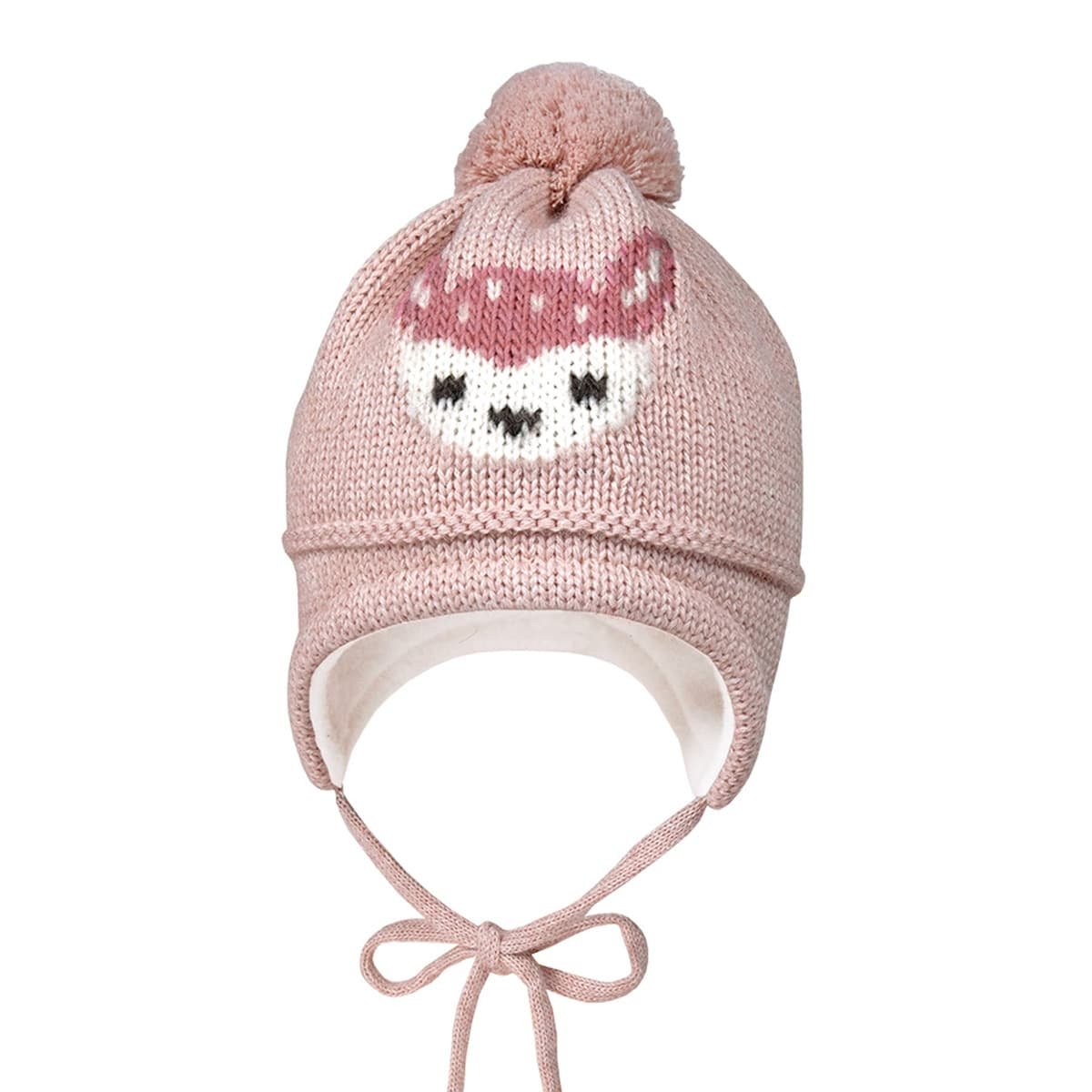 Cappello Invernale Bambina Con Pompon - Maglia Acrilica E Fodera In Pile, Paraorecchie, Taglia 53cm, 0-8 Anni