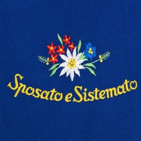 Grembiule blu con motivo: Sposato e sistemato