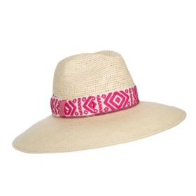 BORSALINO | Cappello panama da donna in semi-microchet con fascia a motivi etnici