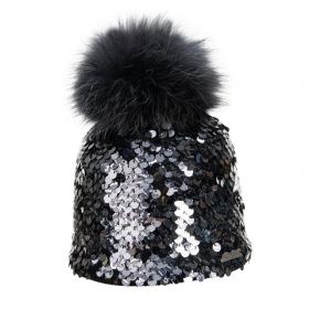 NORTON | Cappello da donna in lana merino con pompon di pelliccia e paillettes