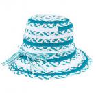 cappello rigato Beatrice in combinazione tessuto paglia carta e guarnito con dei cordoncini fini petrolio