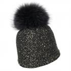 NORTON | Cappello da donna in lana merino con pompon di pelliccia vera e filato di paillettes nero
